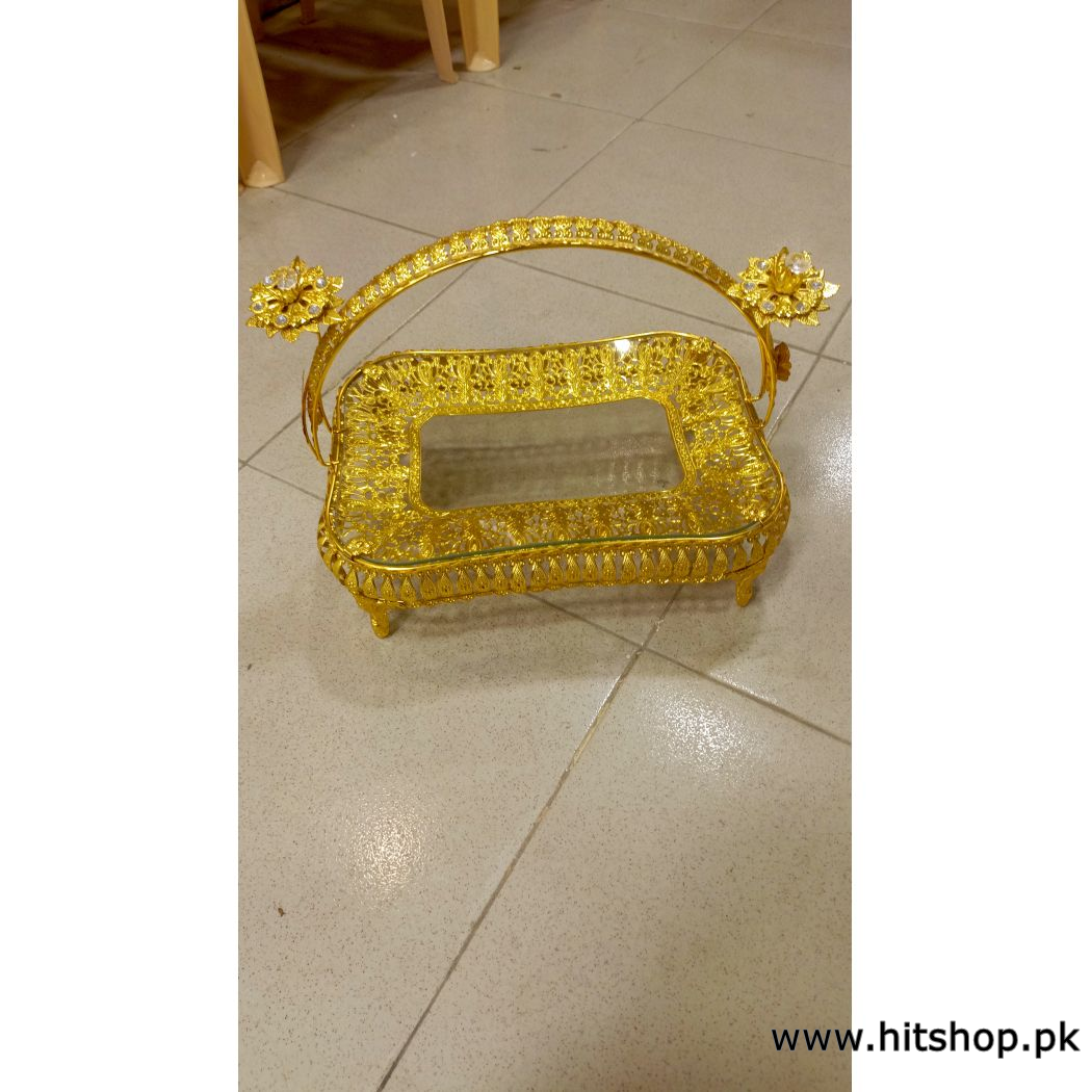 Arabic Golden Lotus Decorative Serving Platter with Crystal Accents